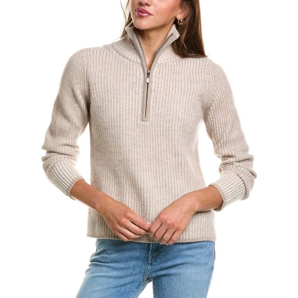 Forte Cashmere Womens  Plaited Rib Zip Mock 100% Cashmere Sweater, Brown